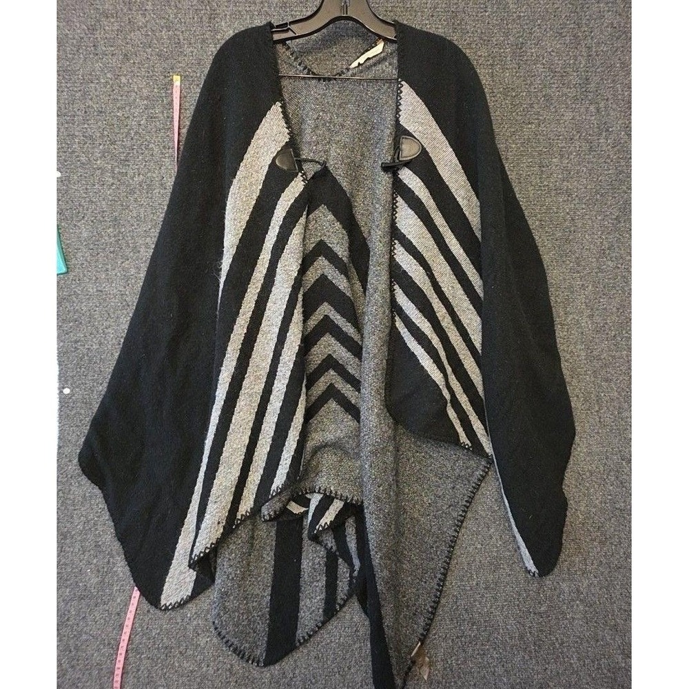 Soft Surroundings Cape Sweater Womens One Size Black Stripe Button Front Knit